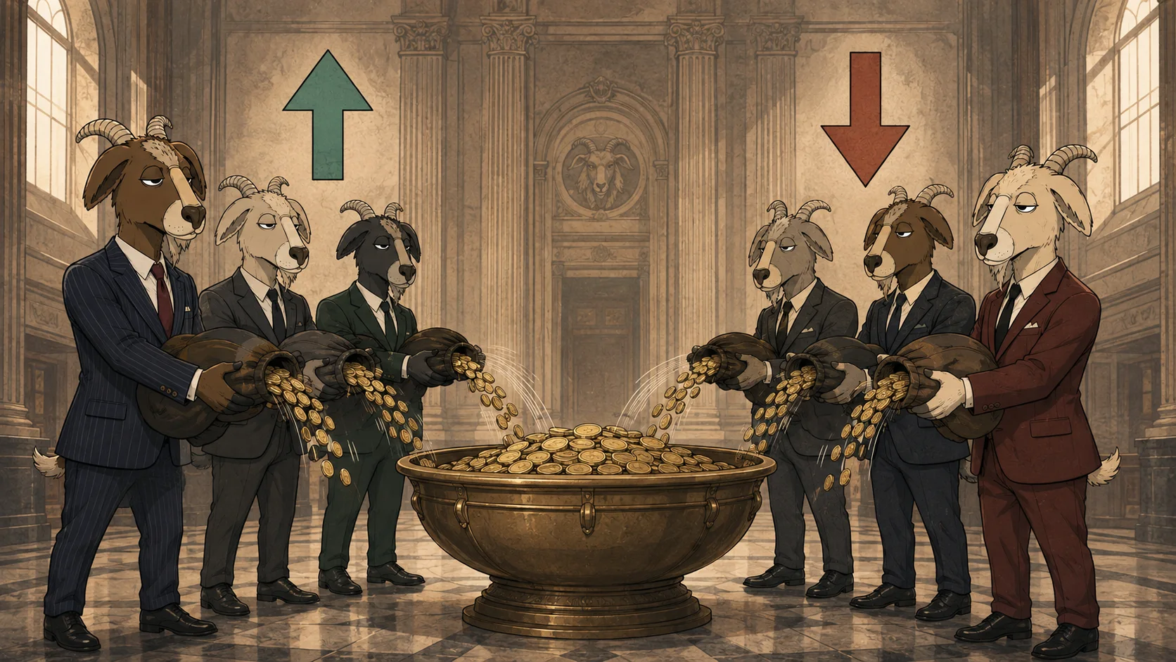 Opposing market positions feed one balanced pool.