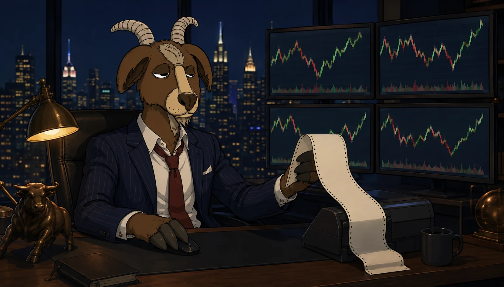 A Street Goat reads the tape after hours.